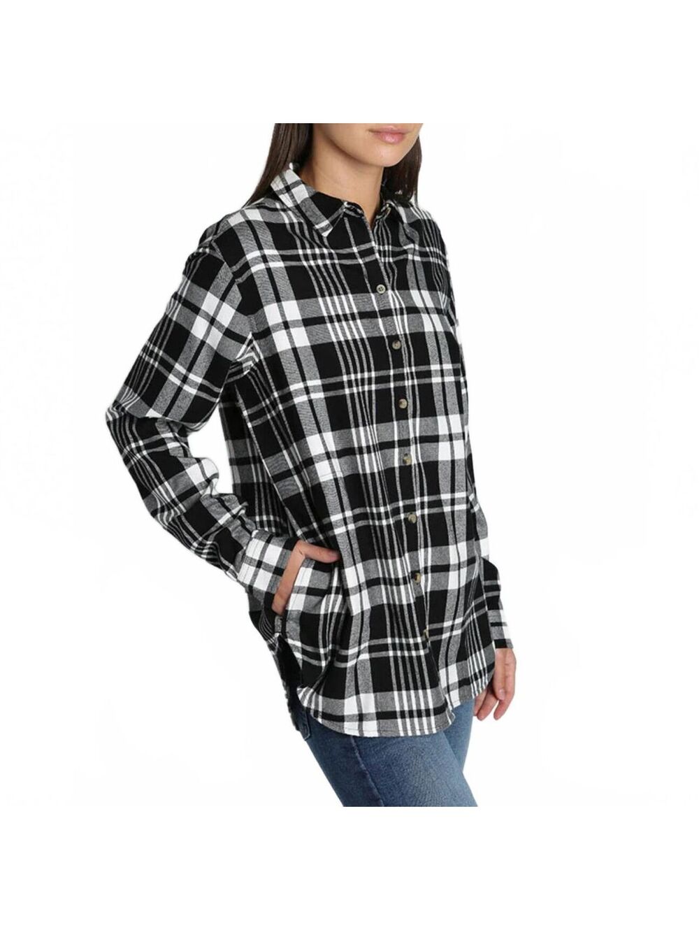 Womens Small Pearl Snap Plaid Flannel Shirt Pockets Black White Western Cosplay